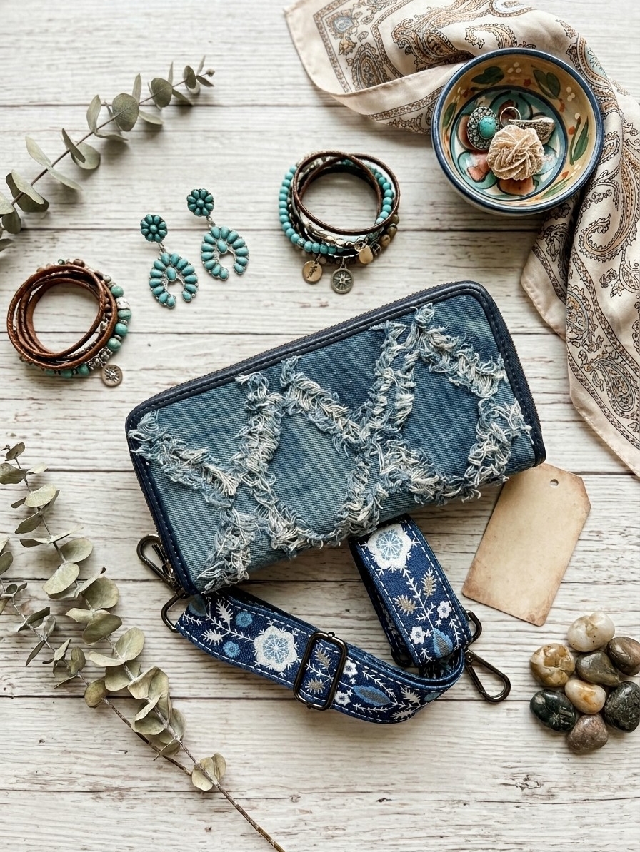 Coastal Cowgirl Fringed Denim Wallet Bag Optional Guitar Style Crossbody Strap